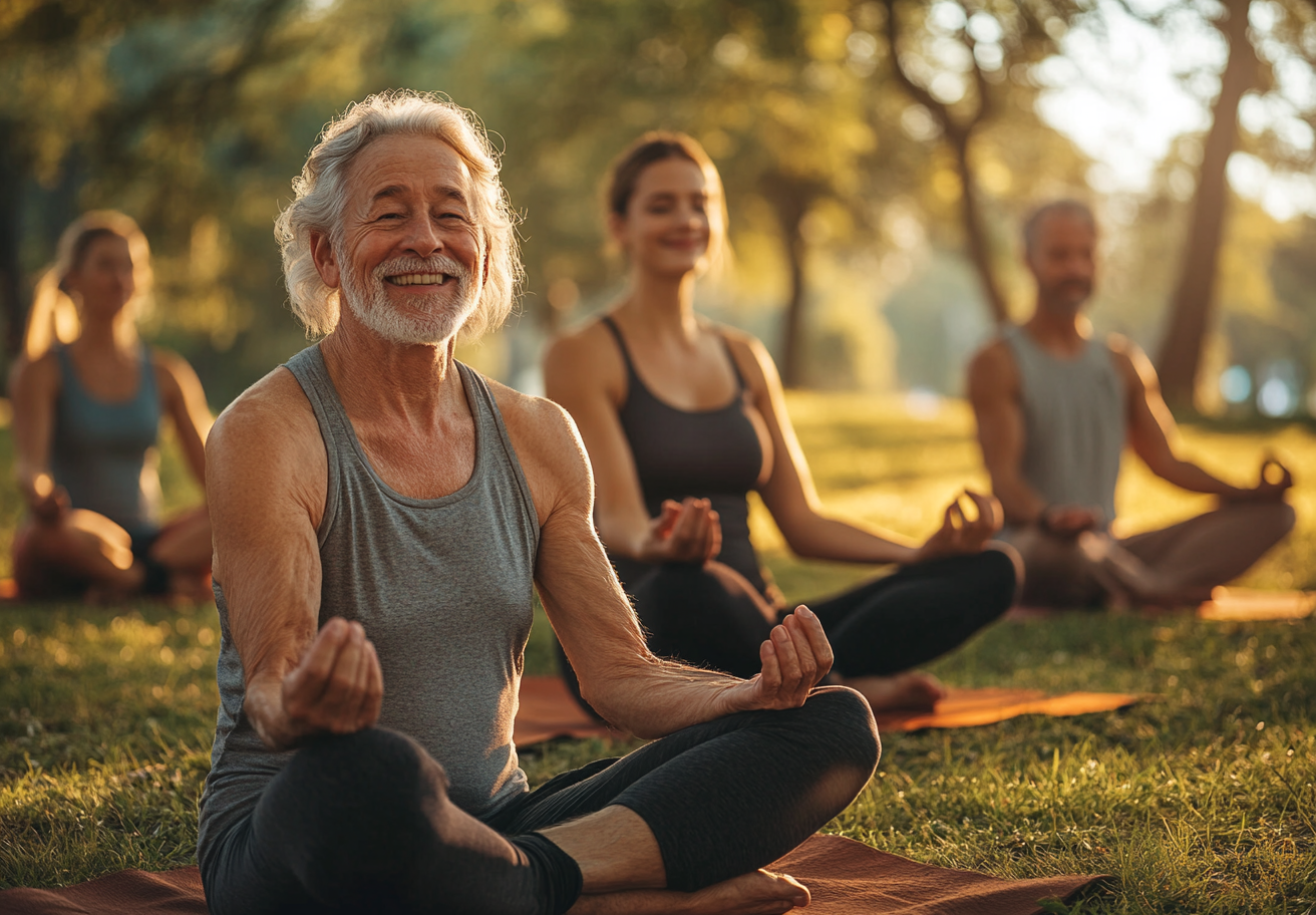 Grup de seniori practicând yoga în parc