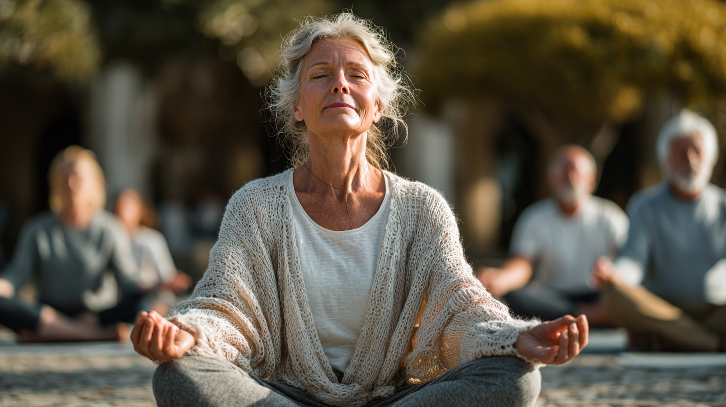 Instructor de yoga ghidând o clasă de seniori